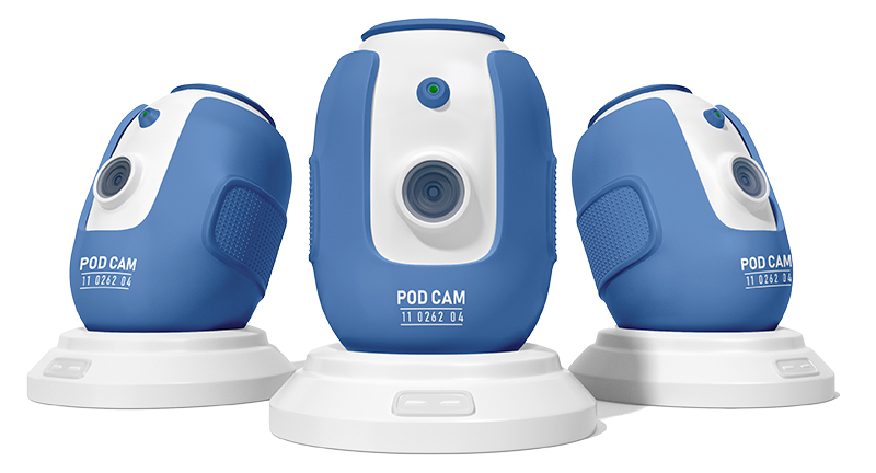Tres cámaras Pod Cam de color azul.