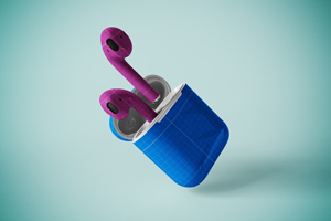 Auriculares inalámbricos en estuche azul.