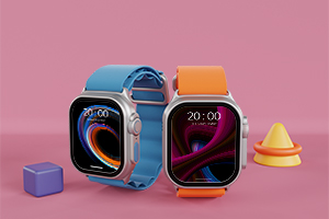 Dos relojes inteligentes de colores en fondo rosa.